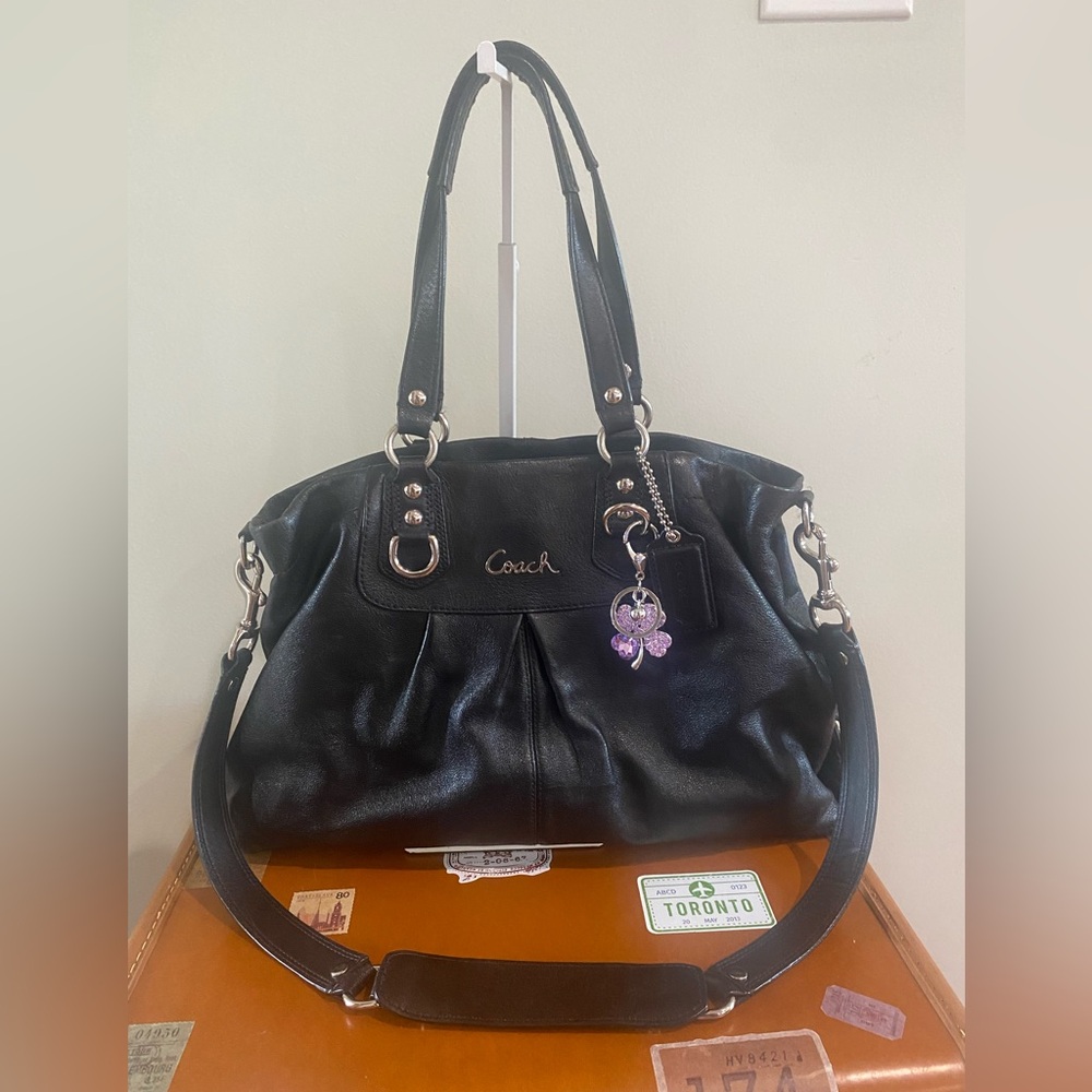 Coach Ashley Carryall Black Leather Shoulder Bag with Charm